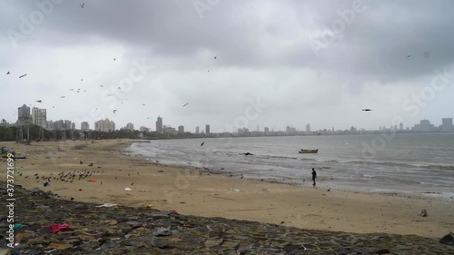 Birds Flock Through Empty Girgaum Beach during the corona virus pandemic in Mumbai India - wide shot photo