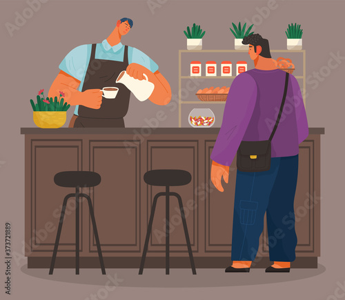 Man choose cakes and buy coffee at bakery shop or cafe. Male barista seller in uniform in bakery interior serves male customer. Confectionery store assortment cakes, sweets, donuts and furnishings