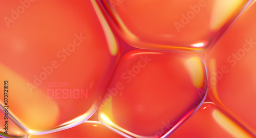 Red and orange transparent soft bubbles. Abstract background. Vector 3d illustration. Cell membrane tension effect. Microbiology concept. Modern trendy banner or poster design