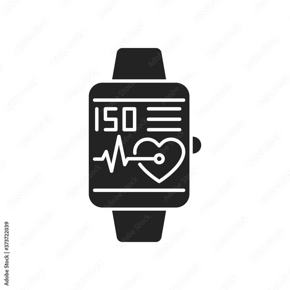 Smart hand watch black glyph icon. Heart rate measurement. Isolated vector element. Outline pictogram for web page, mobile app, promo Smart hand watch black glyph icon. Heart rate measurement. Isolated vector element. Outline pictogram for web page, mobile app, promo
