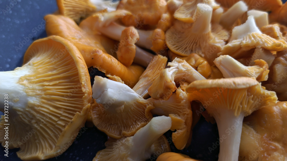 photo of chanterelle mushrooms on a black teflon frying pan