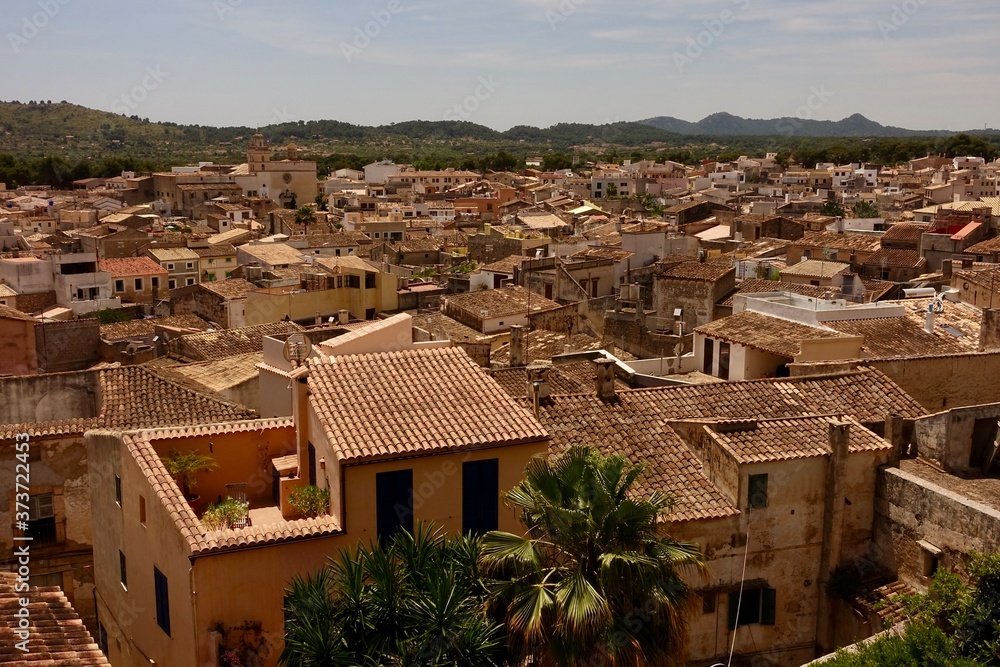 Rooftop view of old town in Mallorca in June.