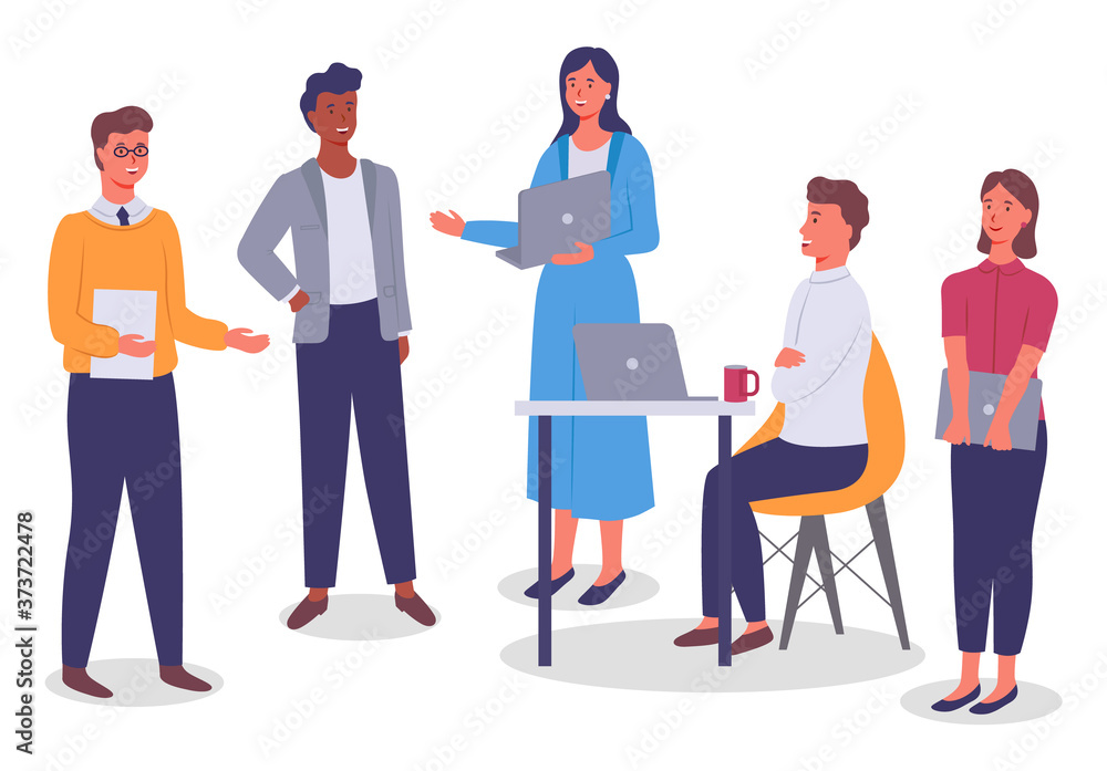 Naklejka premium Office worker characters meeting concept. Businessman siting at the desk with computer talking to colleagues . Business people talking communicating. Discuss project, participate in business training