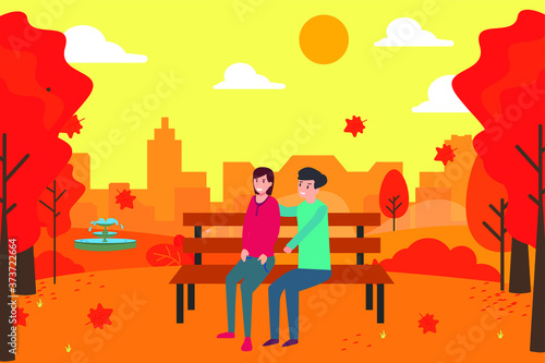Autumn season vector concept: couple hugging each other on the bench park at autumn season