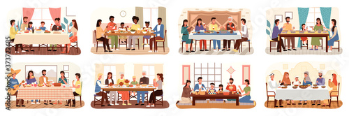 Family at festive dinner scenes set. Children, parents and grandparents eating national dishes together. Holiday dinner meal in various countries. Traditional feast of people different nationalities