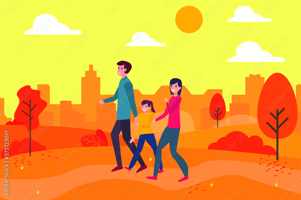 Happy family quality time vector concept: group of family walking together at the autumn park happily