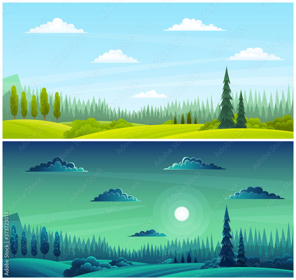 Day and night countryside landscape illustration with moon, grass on the hills, clear sky, rare clouds, pine forest on the horizon. Tall trees and bushes in the foreground, beautiful summer scenery
