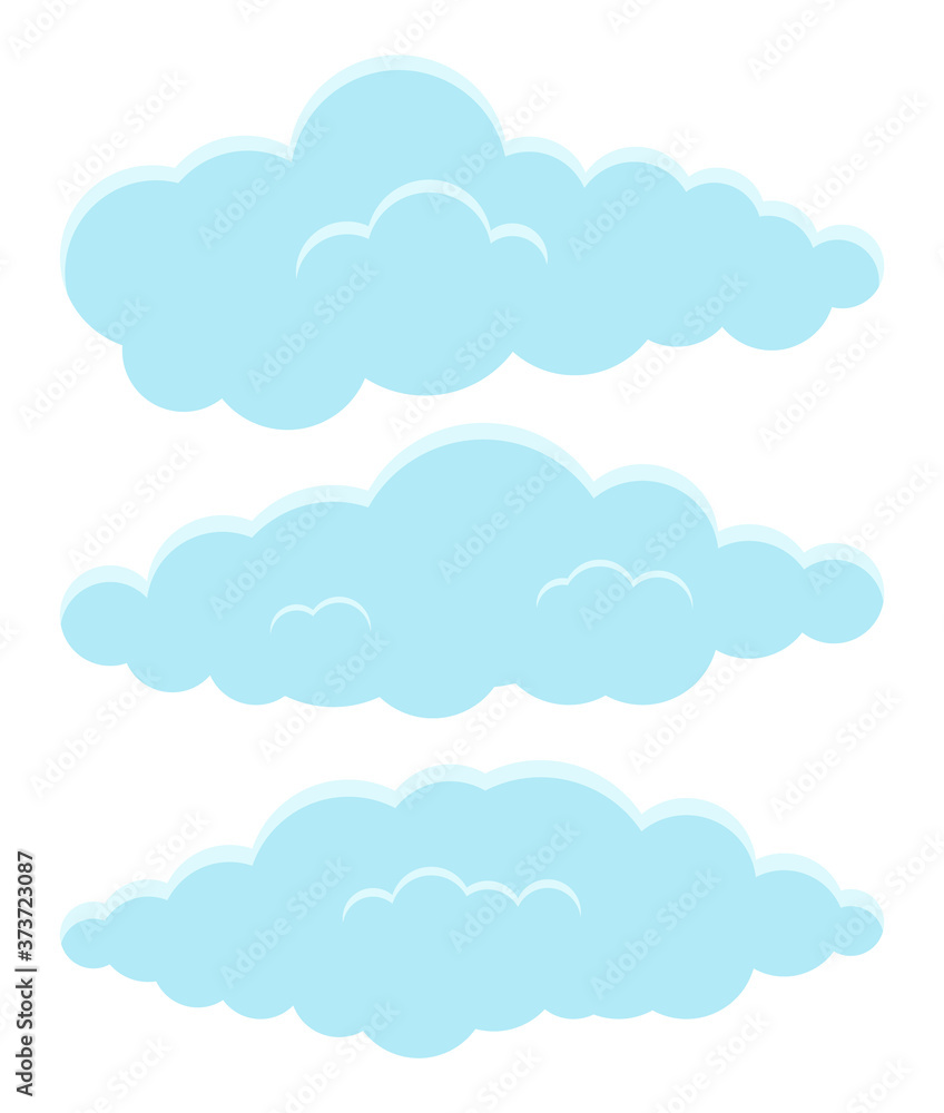 Cartoon blue clouds set on white background. Collection of smoke patterns and fog icons. Clouds with different sizes and forms. Cloudscape in air. Natural weather atmosphere elements in flat style