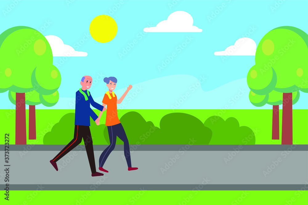 Healthy lifestyle vector concept: old couple holding hands while jogging at the green park Healthy lifestyle vector concept: old couple holding hands while jogging at the green park