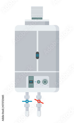 Water heater plumbing equipment. Hot-water tank, metal gray with a regulator and thermometer isolated on white background. Flat vector classic boiler home appliances for heating cold water and comfort