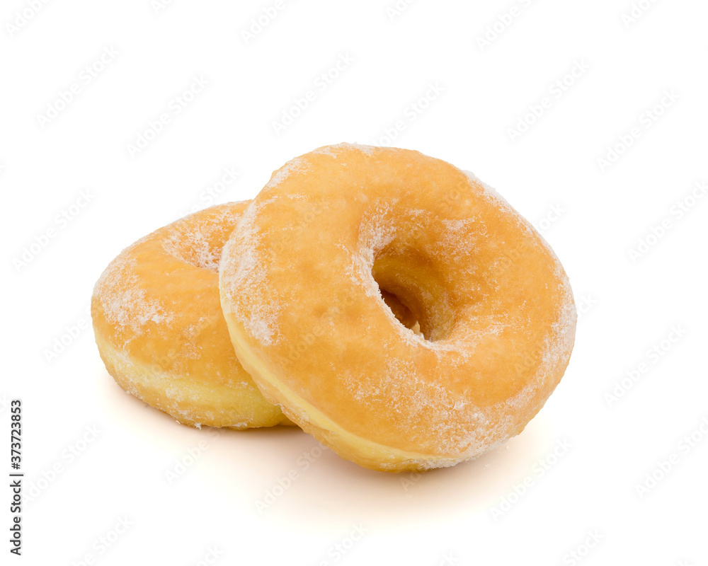 Fresh donuts with powdered sugar isolated on white background Fresh donuts with powdered sugar isolated on white background