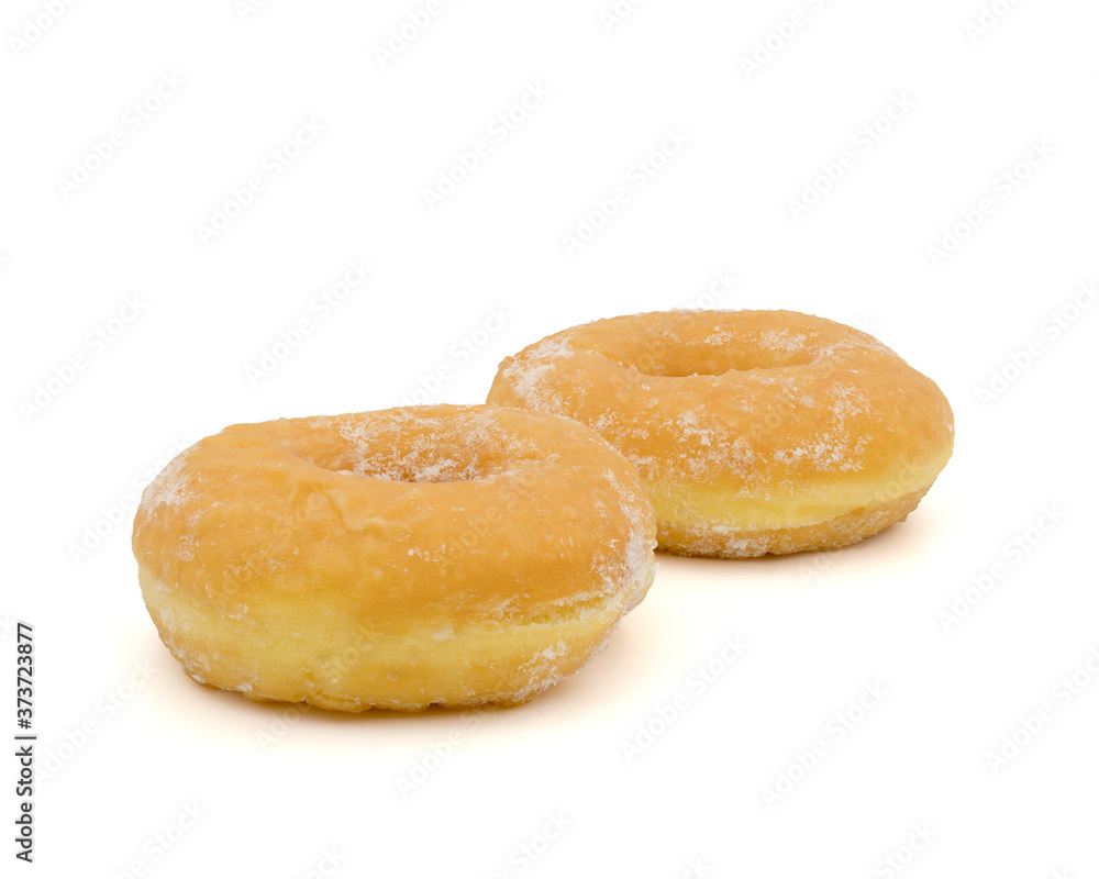 Fresh donuts with powdered sugar isolated on white background