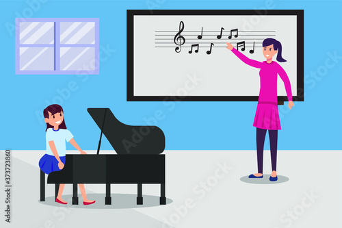 Piano course vector concept: female teacher teaching her student music notes and piano