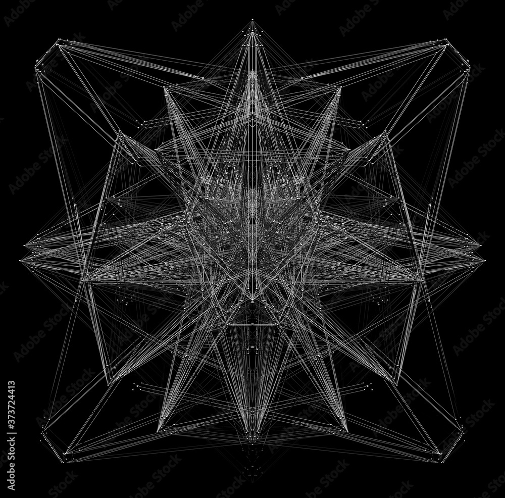 3d render of black and white monochrome abstract art with surreal organic fractal wire atomic metal spooky creepy alien symmetry structure based on triangle shape pattern in the dark