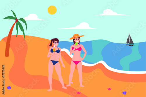 Beach vacation vector concept: women wearing bikinis while eating Popsicle happily at the beach © Creativa Images