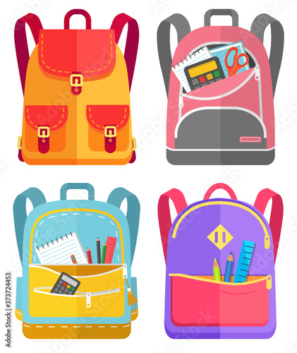 Colored school backpack. Education and study back to school, schoolbag luggage, rucksack vector illustration. Kids school bag with education equipment. Backpacks with study supplies. Student satchels
