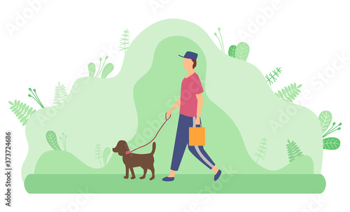 Walk with dog in the woods in the park, a man walks and holds a dog on a leash in a summer garden. A happy dog plays with the owner against the backdrop of a spring landscape with a green meadow