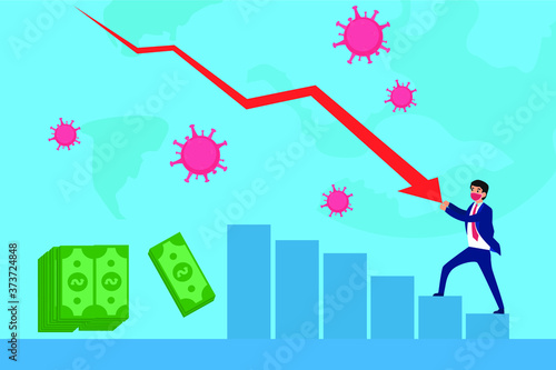 Recession vector concept: businessman wearing a face mask while restraining the business arrow chart over blue world map background