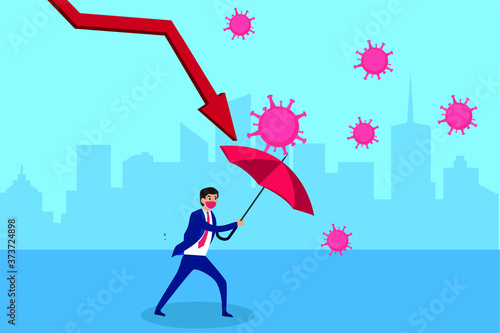 Recession vector concept: businessman wearing a face mask while restraining the business arrow chart with an umbrella