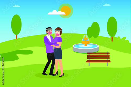 New Normal vector concept: couple wearing face masks and shields while dancing together romantically at the park