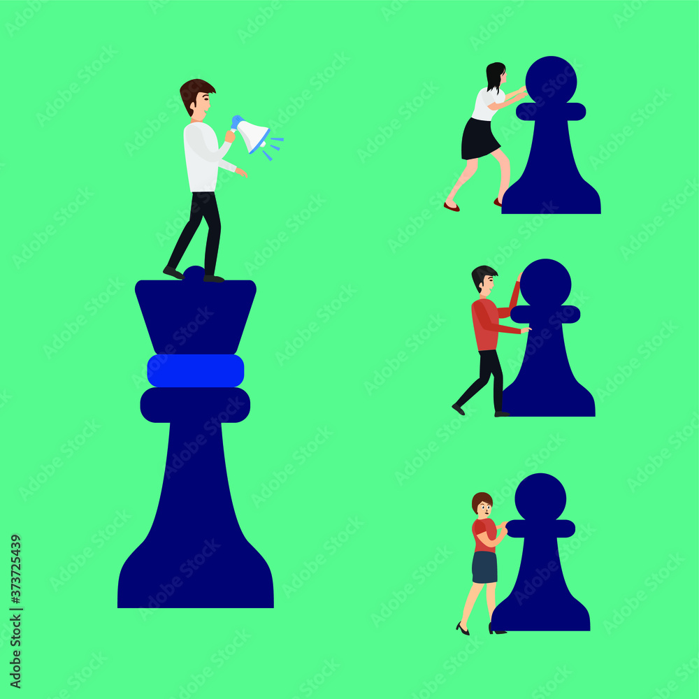Business strategy vector concept: businessman commanding his group of employees to push the big pawn pieces