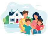Family with children and a cute house. illustration in flat style