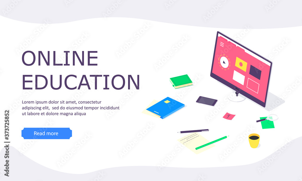Isometric online education study web template computer learn and book library flat design vector illustration Isometric online education study web template computer learn and book library flat design vector illustration