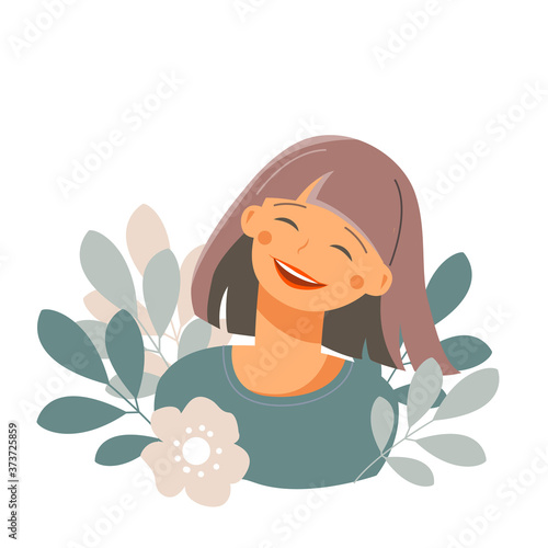 Cute laughing girl. Pretty young woman laughs. Vector illustration.