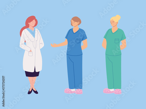 set of female healthcare workers, doctors and nurses