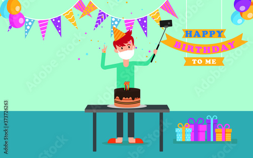 Birthday party in quarantine vector concept: boy wearing face mask while taking a selfie in his birthday party