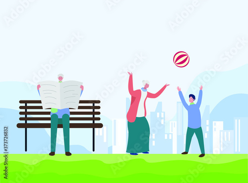 Family togetherness vector concept: grandmother throwing ball with her grandson while grandfather reading newspaper at the park