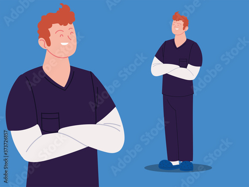 male nurse in uniform, health worker in different poses
