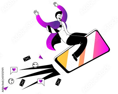 A man in a business suit is flying on a mobile phone. Concept of a vector illustration on the topic of high-speed mobile Internet.