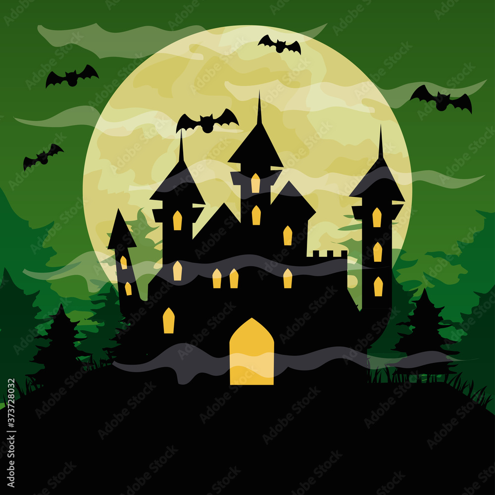 happy halloween background with castle haunted, bats flying and full moon on green sky vector illustration design
