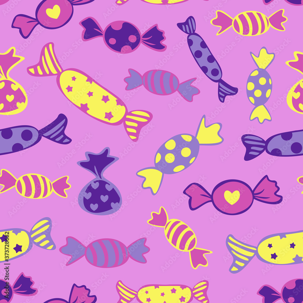 Vector seamless pattern of different candies in bright colors on a vivid purple background. Design concept for sweets shop.