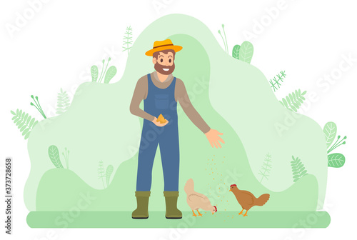 Bearded smiling farmer man in overalls feeds hens with grain. Man feeds poultry on green lawn. Agriculture and breeding birds. Self-sufficiency. Green background. Attraction and accumulation capital