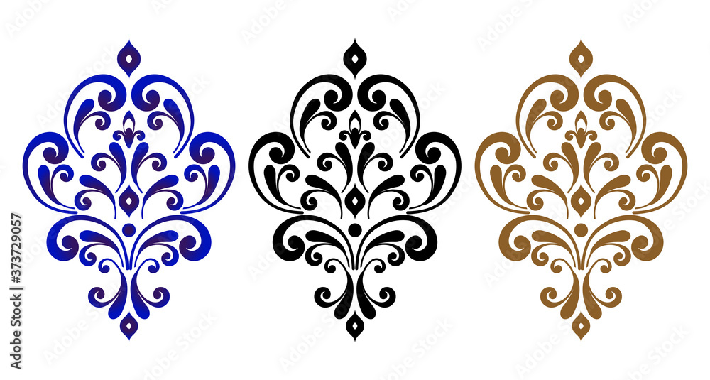 set of baroque ornament, vintage damask element blue, gold, black, decorative floral template for design wedding decoration, greeting card, wall, texture, textile, silk, paper, pottery, ceramic, tile