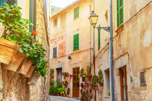 Street of Valldemossa old mediterranean village, landmark of Majorca, Spain island © Kotangens