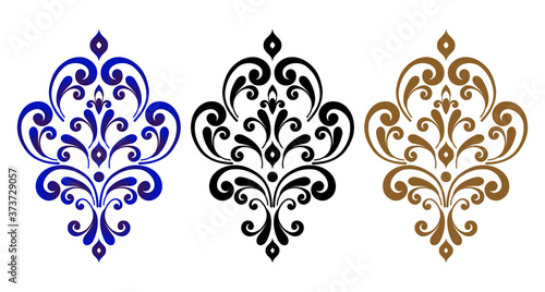 set of baroque ornament, vintage damask element blue, gold, black, decorative floral template for design wedding decoration, greeting card, wall, texture, textile, silk, paper, pottery, ceramic, tile