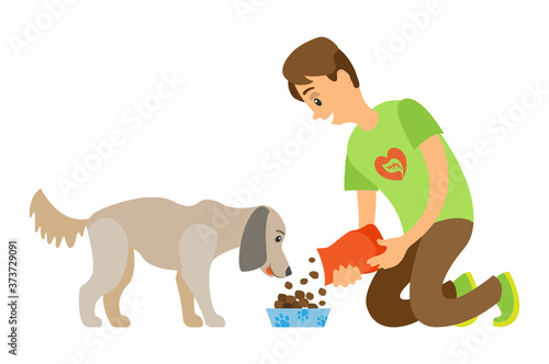 Volunteer feeding homeless dog by dry food vector isolated cartoon style man and hungry puppy. Help to animal, pet in veterinary center or charity organization