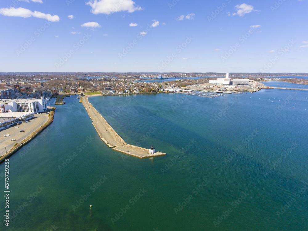 Aerial view of Derby Wharf Lighthouse in Salem Maritime National Historic Site at Salem Harbor in city of Salem, Massachusetts MA, USA. 