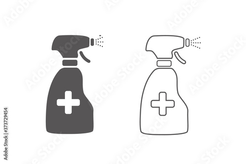 Anti-Bacterial Alcohol Agent, Sanitizer, Bottle Spray Flat Style Vector Line Icon Set