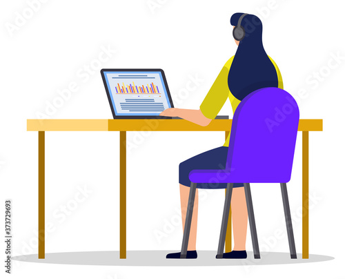 Woman sitting at desktop and communicating with laptop. Female worker in headset working with computer wireless device. Professional employee back with with pc on workplace isolated on white vector
