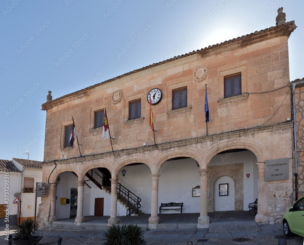 Fototapeta premium Town hall of Alarcon, Spain, on central square with back light