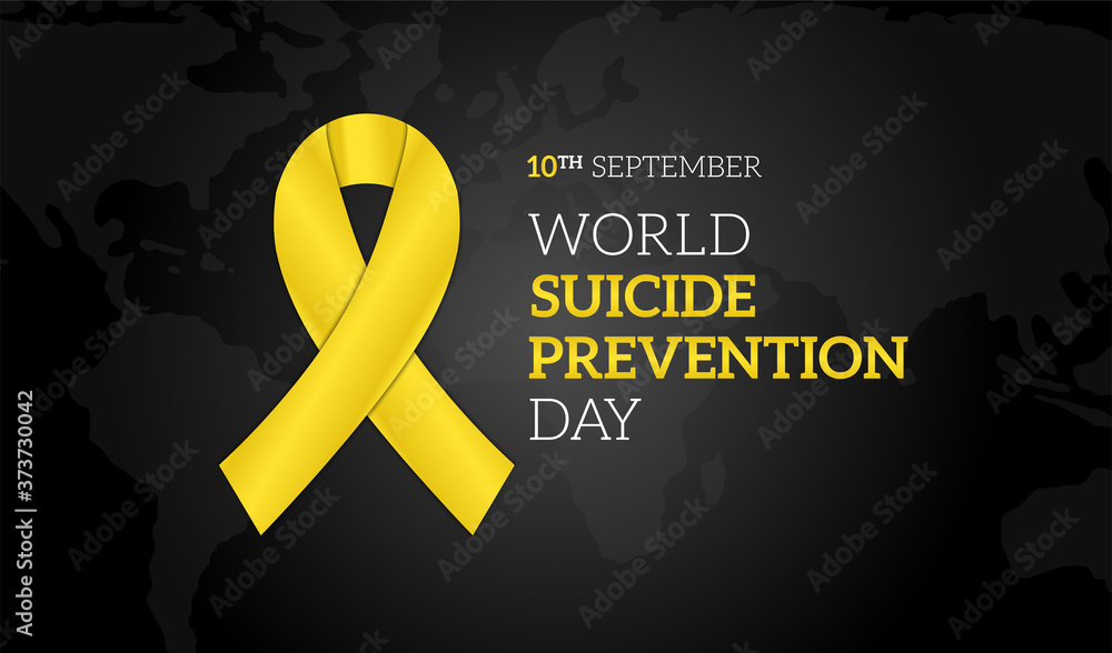 World Suicide Prevention Day Black Background Illustration Banner with Yellow Ribbon - obrazy, fototapety, plakaty 