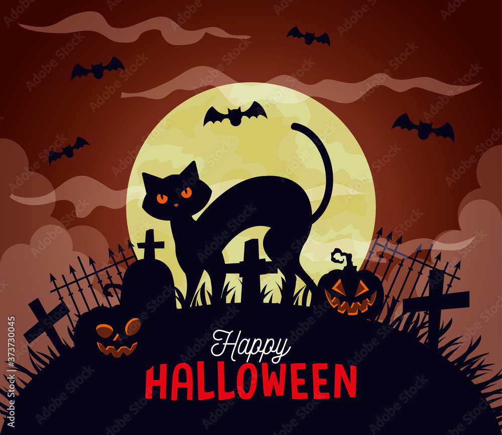 happy halloween background with cat, pumpkins, bats flying and full moon vector illustration design happy halloween background with cat, pumpkins, bats flying and full moon vector illustration design