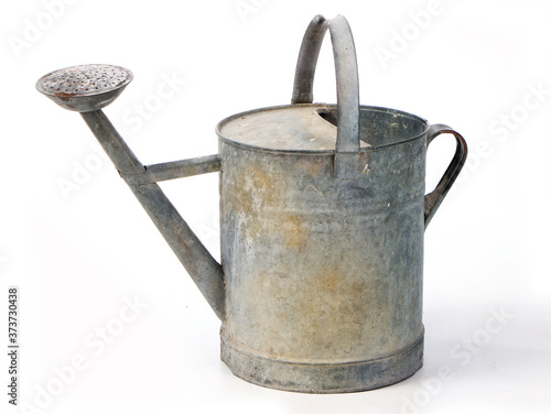 Photo Watering Jar Pot Bucket old beat up metal rusty isolated white background sheet