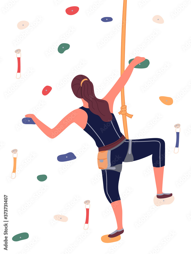 Girl is climbing in climbing room, bouldering, a woman is hanging on rope, crawling along grabs. Indoor sport activity. Sports wall with grabs, doing bouldering. Flat vector illustration on white