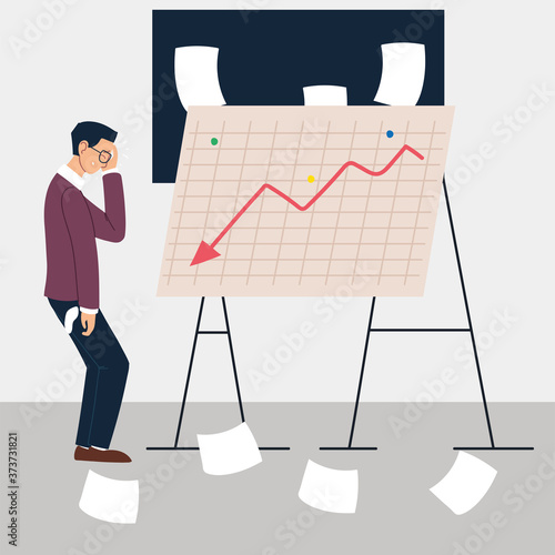 man at presentation standing in front of decreasing chart, financial crisis