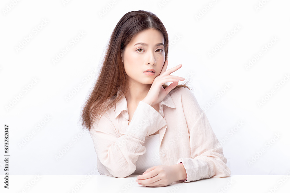 Portrait beautiful young asian woman clean fresh bare skin concept. Asian girl beauty face skincare and health wellness, Facial treatment, Perfect skin, Natural make up. Isolated on white background. Portrait beautiful young asian woman clean fresh bare skin concept. Asian girl beauty face skincare and health wellness, Facial treatment, Perfect skin, Natural make up. Isolated on white background.